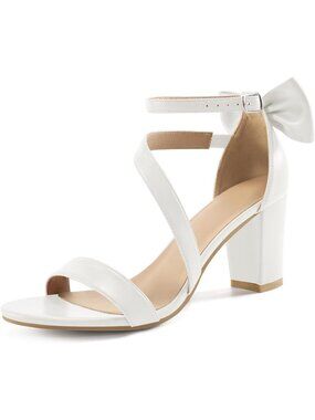Women's White Casual Bow Platform Heel Shoes Slingback Heels Block High Heels